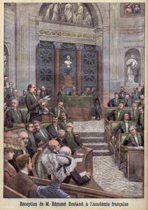 Le Petit Journal "でアカデミー・フランセーズに迎えられた詩人・劇作家のエドモン・ロスタン。 作： French School