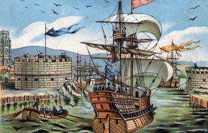 1520年のル・アーヴル港の様子。1890年頃のクロモリトグラフ。 作： French School