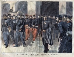 郵便配達人のストライキ：パリで手紙の配布を担当する兵士と市警の警備員。1899年、"La petite Gironde "に掲載されたエングレーヴィング 作： French School