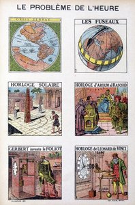 時間の問題。Orbis Terrea、紡錘形、太陽時計、Aroum Al Racshidの時計、GerbertがFoliotを発明、Leonardo da Vinci(レオナルド・ダ・ヴィンチ)の時計-エングレービング、deb.20世紀 作： French School