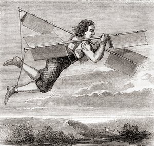 1678年、フランスの錠前師ジャコブ・ベスニエが、自分で設計した飛行装置を使い、空を飛んだとされる（1870年頃に出版された