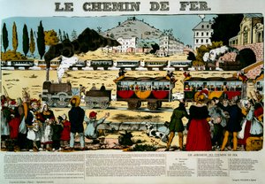 鉄道です。シーンの見物人の群衆に迎えられた列車車両の旅行者たち。エングレーヴィング。エピナルの絵 作： French School