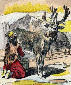 乳を搾られるトナカイ。Buffon Alphabet des Animaux "のエングレーヴィング。3rd Series N 1. Imaging of Epinal, Epinal, late 19th century.16ページ。ディム：28x21cm 作： French School