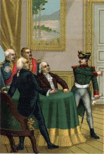 1815年の復古。ナポレオン1世の警察大臣ジョセフ・フーシュは、1815年7月7日、国王ルイ18世率いる臨時政府の委員会が開かれた部屋にプロイセンの将校を導入させた。 作： French School