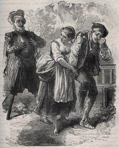 マルタン・ゲール（1524年頃、1560年頃）の帰還：彼は妻のベルトランデ・ド・ロルスと、彼の身分を奪った詐欺師アルノー・デュ・ティル（ティル）の前に現れた。Henry de Kock (1819)の "Histoire Des Cocus Celebres "に掲載されている1871年のエングレーヴィング。 作： French School