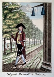 フランス革命末期の移民の帰還。革命時に街を逃れた貴族の破れた服。19世紀パリのエングレーヴィング、カルナヴァレ美術館蔵 作： French School