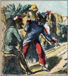 病気のライオンとキツネ。ジャン・ド・ラ・フォンテーヌ（1621-95）の寓話。19世紀末のエピナル画像。