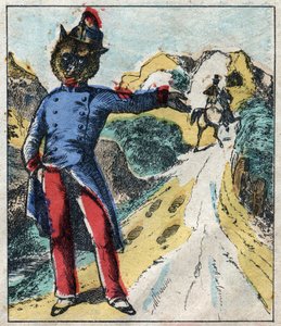 病気のライオンとキツネ。ジャン・ド・ラ・フォンテーヌ（1621-95）の寓話。19世紀末のエピナル画像。 作： French School