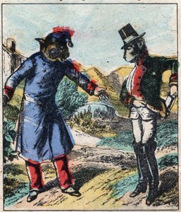 病気のライオンとキツネ。ジャン・ド・ラ・フォンテーヌ（1621-95）の寓話。19世紀末のエピナル画像。 作： French School