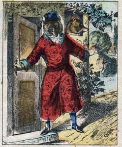 病気のライオンとキツネ。ジャン・ド・ラ・フォンテーヌ（1621-95）の寓話。19世紀末のエピナル画像。 作： French School