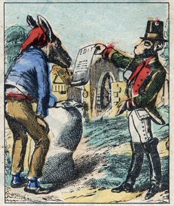 病気のライオンとキツネ。ジャン・ド・ラ・フォンテーヌ（1621-95）の寓話。19世紀末のエピナル画像。