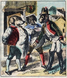 病気のライオンとキツネ。ジャン・ド・ラ・フォンテーヌ（1621-95）の寓話。19世紀末のエピナル画像。 作： French School