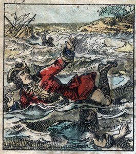 Lemuel Gulliverの沈没。ジョナサン・スウィフト(1667-1745)の『ガリバー旅行記』の挿絵。19世紀後半のエピナル画像。