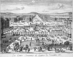 宮殿から見たベルサイユの厩舎と門、1683年 作： French School