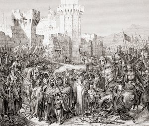 第三回十字軍遠征の際、フィリップ・アウグストと呼ばれるフランスのフィリップ2世にアクレを降伏させた場面（1860年頃、ストラスブールで出版された『L