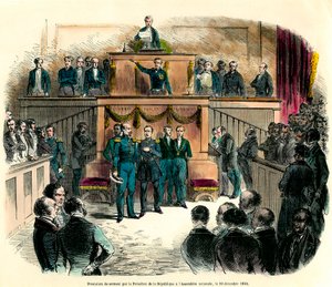 The swearing-in of Louis Napoleon III (Louis-Napoleon), who was officially proclaimed president of the Republic, at the National Assembly on 20 December 1848. He vows “to remain faithful to the one and indivisible Democratic Republic and to fulfill all the 作： French School