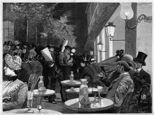 パリの真夜中の大通りのカフェのテラス。"The Illustrous World "に掲載されている図版 作： French School