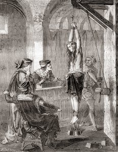 1870年頃に出版された『Les Merveilles de la Science』に掲載されている、中世に魔女とされた女性の拷問の様子（リトグラフ版