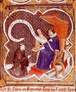 翻訳者がシャルル5世（1338-1380）に自著を献上する。 ミニチュアは、バルテルミー英人の「Le livre des proprietes des choses」（De proprietatibus rerum）からの抜粋で、ジョン・コルビションが翻訳したものである。15世紀ランス、市立図書館 作： French School