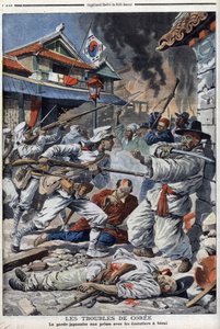 朝鮮半島の問題、ソウルで日本の警備隊がエミューティエと格闘している様子、李容の退位のメコンテ-8月4日の「Le Petit Journal」紙 作： French School