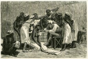 ホルブ博士の箱に入ったセポポ王の16人の妻である王妃たちの訪問。エミール・ホルブ博士（1847-1902）が1875年から1879年にかけて執筆した物語 "Au pays des Marutses "を説明するためのD.Maillardによるエングレーヴィング。1883年2学期のTour du monde誌に掲載。 作： French School