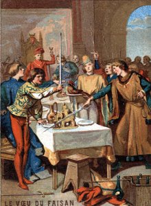 キジの願い（1454年）：ブルゴーニュ公フィリップ3世が主催した祝宴の中で、招待客は真珠の首飾りをつけたキジにトルコ人の退治を誓う。シリーズ「愛国教育」のクロモリトグラフ（I 作： French School