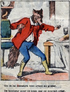 狼とコウノトリジャン・ド・ラ・フォンテーヌ（1621-95）の寓話。19世紀末のエピナル画像。