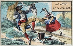 狼とコウノトリジャン・ド・ラ・フォンテーヌ（1621-95）の寓話。19世紀末のエピナル画像。
