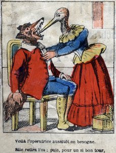 狼とコウノトリジャン・ド・ラ・フォンテーヌ（1621-95）の寓話。19世紀末のエピナル画像。 作： French School