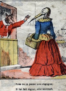 狼とコウノトリジャン・ド・ラ・フォンテーヌ（1621-95）の寓話。19世紀末のエピナル画像。 作： French School