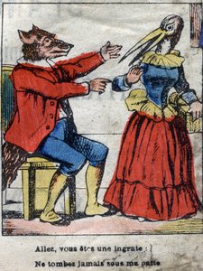 狼とコウノトリジャン・ド・ラ・フォンテーヌ（1621-95）の寓話。19世紀末のエピナル画像。 作： French School