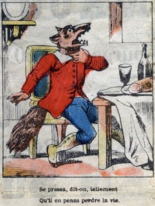 狼とコウノトリジャン・ド・ラ・フォンテーヌ（1621-95）の寓話。19世紀末のエピナル画像。