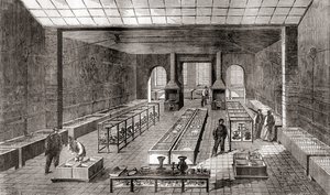 1867年、フランス・パリにあるシャルル・クリストフルの電気めっき工場の化学浴場を含む作業場（1870年頃発行の『Les Merveilles de la Science』より）（彫刻