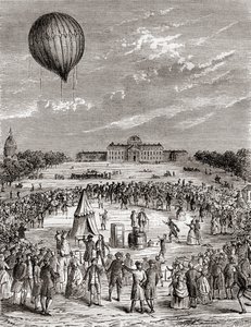 1783年にフランス・パリのシャンゼリゼ通りで打ち上げられた世界初の水素気球（1870年頃に出版された『Les Merveilles de la Science』より）。 作： French School
