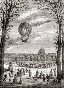 1783年12月1日、フランス、パリのシャン・ド・マルス上空で、ニコラ＝ルイ・ロベールとジャック・シャルル教授が操縦した世界初の有人水素気球飛行。 作： French School