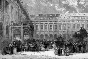 演劇的表現。"フランソワ・ポンサール（1814-1867）の「シャルロット・コルデー」。第3幕のシーン：王宮の庭のシャルロット・コルデー。パリ、オデオン座 作： French School