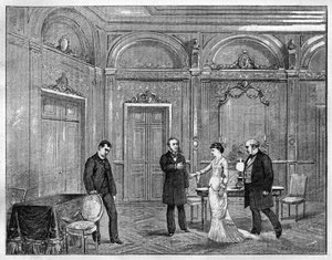 演劇的表現。"オーギュスト・ヴァキュリー（1819-1895）の「ジャン・ボードリ」。第4幕。パリ、テアトル・フランセ（コメディ・フランセーズ）。1880年のエングレーヴィング、「La republique illustree」個人蔵。 作： French School