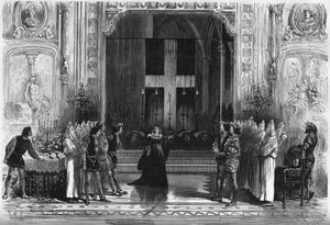 ヴィクトル・ユーゴー（1802-1885）の『ルクレース・ボルジア』の棺の場面。パリ、ポルト・サン・マルタン劇場 作： French School