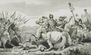 テオドリックは、1840年に出版されたコラートの「歴史史」から、シャロン近くのアティラとの戦いで殺害された 作： French School
