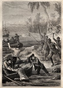 これらはとても近くに提供されていました...。1769年、キャプテン・ジェームズ・クックのニュージーランドへの航海（1728年～1779年） - ニュージーランドの自然人が、海岸に近づいたクックの乗組員を襲う - イラストは "The Great Mariners of the 18th century "より引用