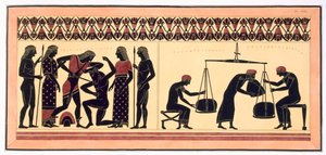 テセウスとミノタウロス、右、羊毛の重さを量る男性、1808-10年発行（カラーリソ） 作： French School