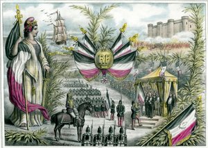 第三共和政: 1880年7月14日、バスティーユ広場で国民大祝典が開催される。7月14日はフランスの国民的祭典となり、三色旗が採用された。1880年頃のエングレーヴィング 個人蔵 作： French School