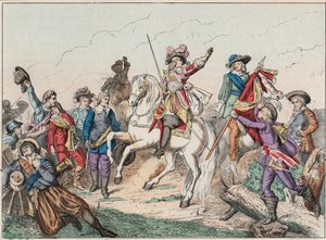 三十年戦争（1618-1648年）。スペイン軍とのロクロイ（Rocroy）の戦いで、フォンテーヌ伯爵の亡骸に挨拶するグラン・コンド（1621-1686）として知られるブルボン・コンド（Bourbon-Conde）公爵ルイ2世（5月19日 作： French School