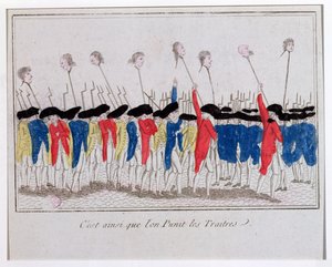 これは裏切り者が罰せられる方法であり、1789年のギロチンの頭部を運ぶサンキュロット 作： French School