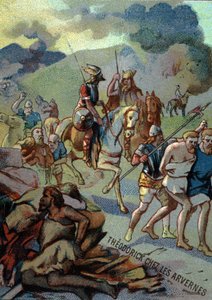 クローヴィスの長男テオデリック、アルヴェルヌ（オーヴェルニュ）にて（532-533年）。シリーズ「映像による愛国教育」のクロモリトグラフ。 作： French School