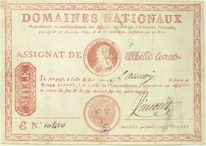 Louis XVI（1754-93）1790の写真が描かれた千リブル紙幣 作： French School