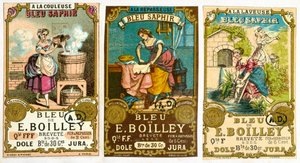 1878年のBleu de E. Boilleyブランドの粉末洗剤の3つのラベル