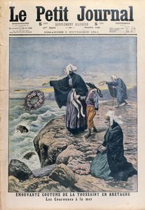 1911年11月5日、ルプティジャーナルの表紙イラスト、ブルターニュのオールセインツの日に海に花輪を投げる