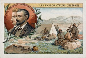 フランスの探検家アンリ・ドルレアン（1867-1901）とガブリエル・ボンバロ（1853-1933）と一緒に変換するチベット人。19世紀のカラーリトグラフ。