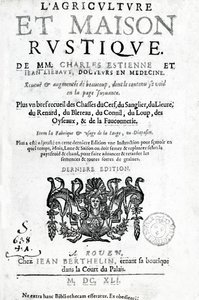 チャールズエスティエンヌによるLAgriculture et Maison Rustiqueのタイトルページ、1641年発行（活版印刷および彫刻） 作： French School